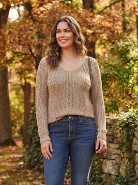 LOFT Beige V-Neck Chunky Knit Sweater